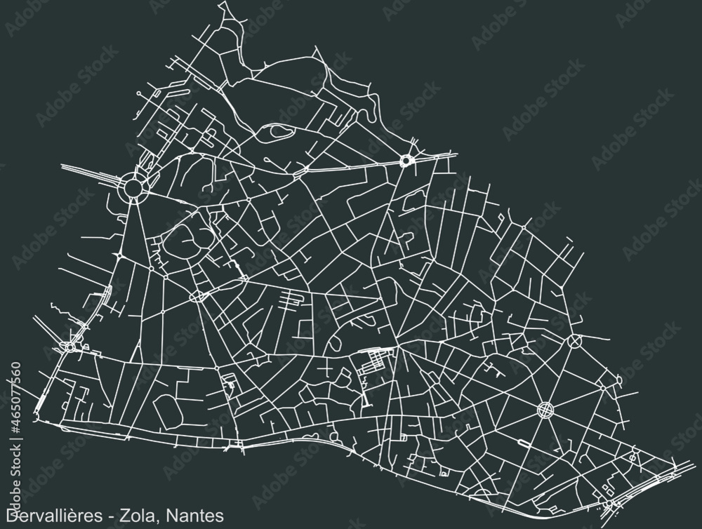 Detailed negative navigation urban street roads map on dark gray background of the Quartier Dervallières - Zola district of the French capital city of Nantes, France