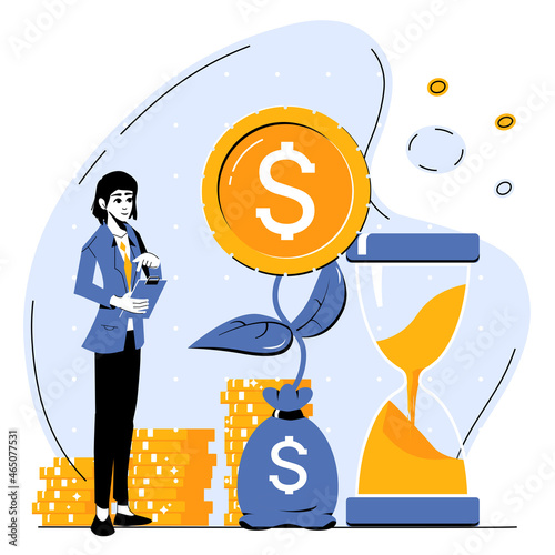 Investment Growth Concept Illustration. Businesswoman planting money tree. Return on investment, income growth, budget planning, mutual fund, pension savings account, interest rate vector flat design.