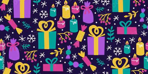 Modern winter holiday seamless pattern on dark background. Gift wrapping paper. Christmas, Hannukah, inclusive holiday symbols.
