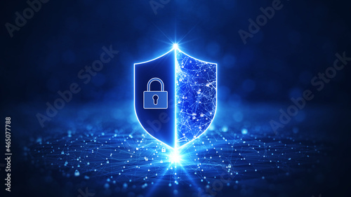 It's the idea of securing information and maintaining privacy in cyberspace. In the center, there is a shield. The connection point between the polygons is the little padlock. dark blue background. photo