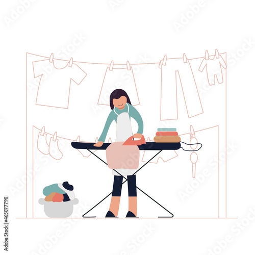 Woman ironing clothes with iron. Flat vector illustration.