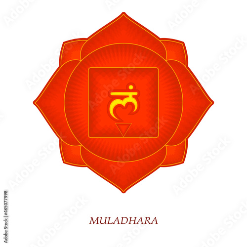 The first chakra of Muladhara. Root chakra with Hindu Sanskrit. Red is a flat symbol of meditation, yoga. illustration photo
