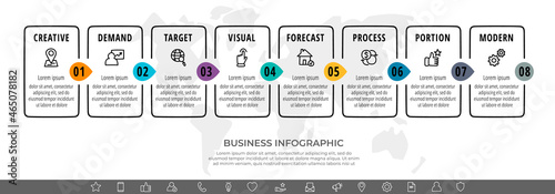 Vector line infographics with 8 rectangles and arrows. Flat chart process template with eight icons. Modern timeline for business project, presentation, web, diagram, content