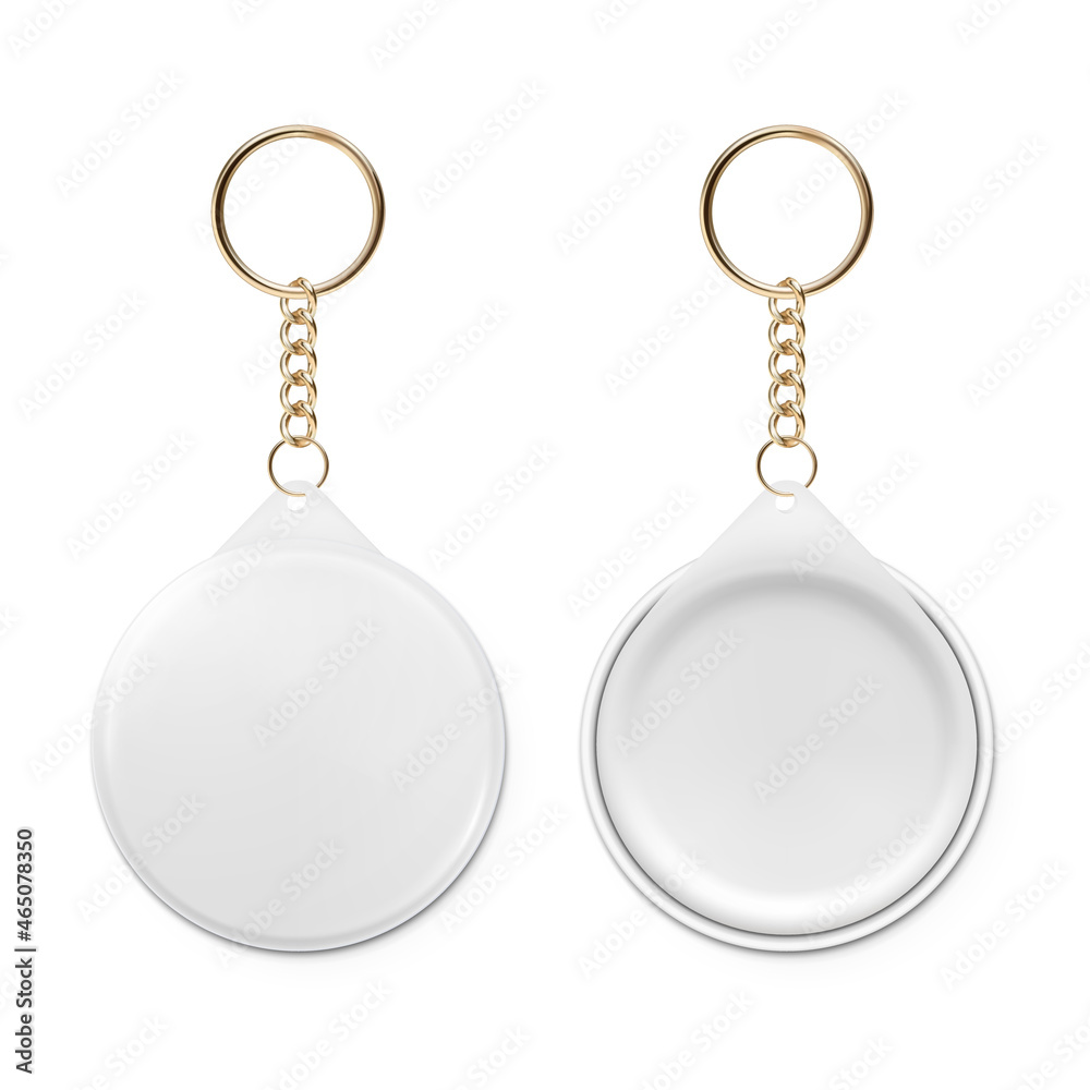Vector 3d Realistic Blank Round Keychain with Ring and Chain for Key Isolated on White. Button Badge with Ring. Plastic, Metal ID Badge with Chains Key Holder, Design Template, Mockup Vector 3d Realistic Blank Round Keychain with Ring and Chain for Key Isolated on White. Button Badge with Ring. Plastic, Metal ID Badge with Chains Key Holder, Design Template, Mockup