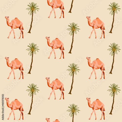 Sahara scene illustration pattern. Desert animal and vegetation texture. Camel and palm tree on a sand background pattern. Vector camel and palm tree.