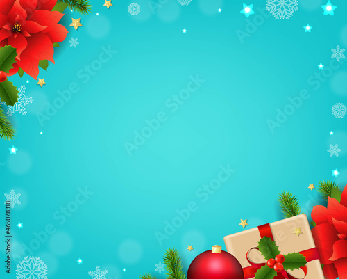 Christmas Card With Holly Berry And Poinsettia Mint Background With Gradient Mesh, Vector Illustration.