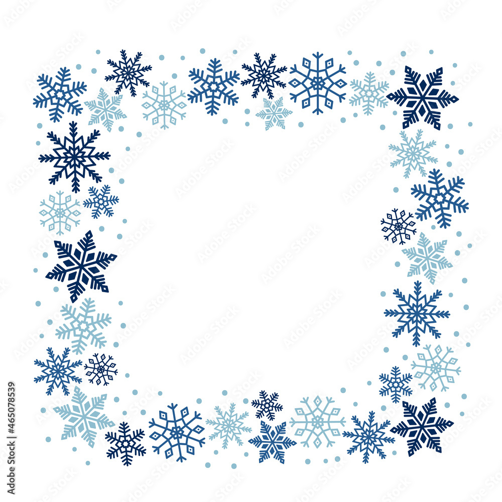 Square frame of blue snowflakes. Ice crystal winter symbol. Template for winter design. Square frame of blue snowflakes. Ice crystal winter symbol. Template for winter design.