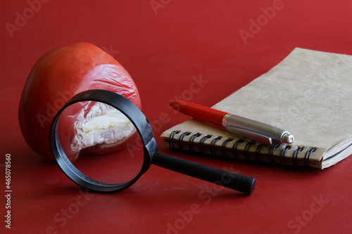 Moldy, rotten red tomato next to a magnifying glass, notepad and pen. The concept of studying mold, diseases and pests of vegetables. The concept of quality control and defective products