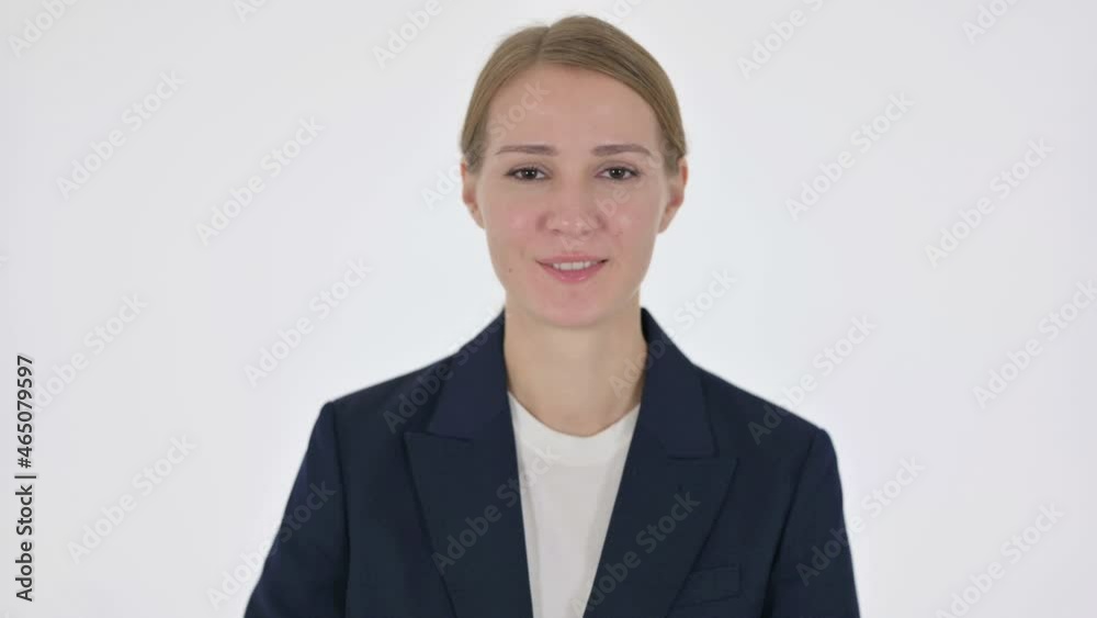 Young Businesswoman showing Thumbs Up Sign on White Background Young Businesswoman showing Thumbs Up Sign on White Background