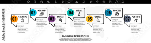 Hand drawn vector modern infographics with dialog box and circle. Business timeline seven steps by step. Line template with 7 ways for chart, diagram, flowchart, app, graphic