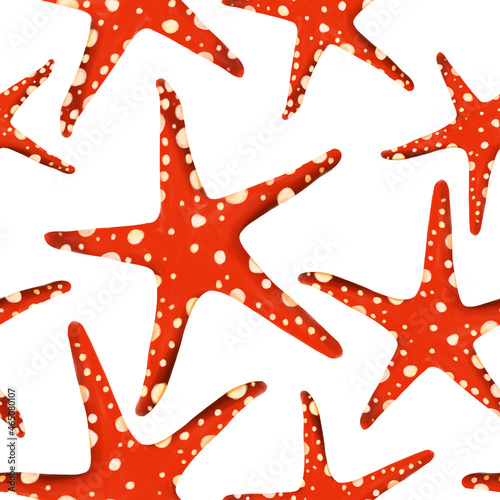Seamless pattern starfish on an isolated white background. Tropical, red with white pattern, starfish. Summer time. Raster illustration in style of realism.