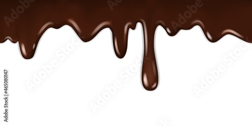Chocolate dripping. Gourmet delicious cocoa liquid frame, cooking hot tasty syrup melted chocolates bitter with drops isolated. Horizontal border vector realistic illustration