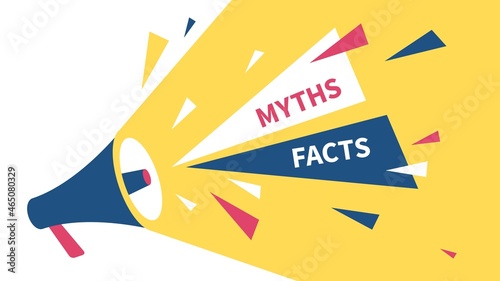 Myths vs facts. Loudspeaker with words, false and true info, fake and truth text, propaganda backdrop, audio marketing, banner or poster background, vector flat style concept