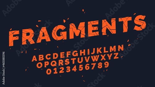 Fragments font. Broken oblique alphabet, capital latin letters and numbers typography, red divided text, cracked typeface, break glass design, chopped typeface, vector flat isolated set photo