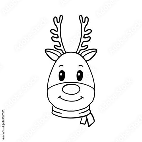Illustration with cute deer, isolated on white background. Perfect for coloring page for kids,  invitation cards, print, etc. Hand drawn vector line sketch. New Year festive winter symbol.