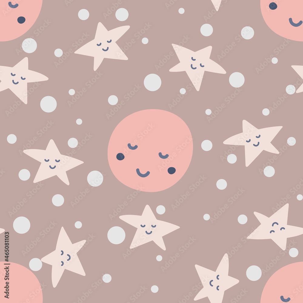 Cute stars and moon seamless pattern. Delicate background in the Scandinavian style. Vector illustration for design, postcards, baby clothes, gift paper, fabric. Cute stars and moon seamless pattern. Delicate background in the Scandinavian style. Vector illustration for design, postcards, baby clothes, gift paper, fabric.
