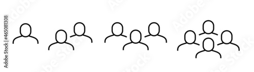 Line icons people. Business people groups outline pictogram. Black line heads and shoulders. Communication and teamwork. Single person, couple and group together, social organization vector set