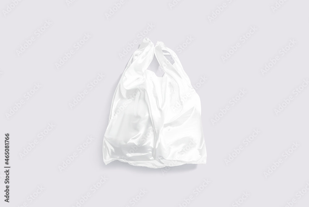 Blank white full t-shirt plastic bag mockup, gray background