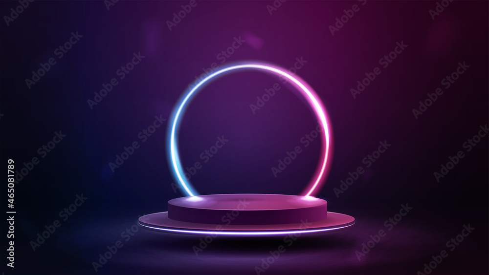 Empty podium floating in the air with line gradient neon ring on background. illustration with abstract scene with pink and blue neon frame Empty podium floating in the air with line gradient neon ring on background. illustration with abstract scene with pink and blue neon frame
