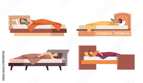 Sleep people. Healthy dream, human recovery and recreation. Tired men and women lying in bed, side view characters with blanket and pillows. Persons slumber alone. Vector set