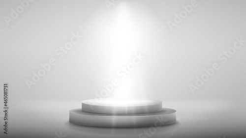 White scene with gray podium with lighting of spotlights