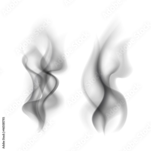 Smoke black. Transparent smoking clouds steam, cigarette or hookah vapor steaming curved texture isolated on white. Tea and coffee hot cup, fog mist or smog weather element, vector set