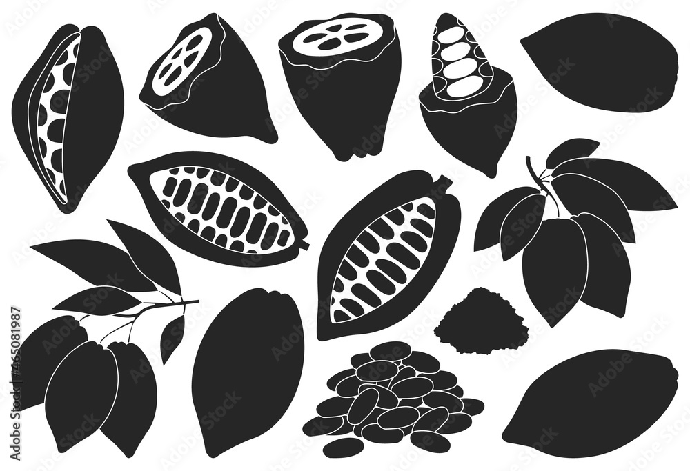Cocoa bean isolated black set icon. Vector illustration chocolate fruit on white background. Vector black set icon cocoa bean. Cocoa bean isolated black set icon. Vector illustration chocolate fruit on white background. Vector black set icon cocoa bean.