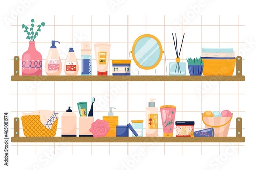 Bathroom cosmetics shelves. Body, skin and hair cares accessories, beauty products, cream cute jars, shampoo and shower gel bottles, cozy interior elements, vector isolated illustration