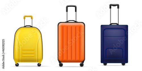 Realistic luggage bags. Modern travel plastic bags different forms and sizes, shockproof bright flight suitcases on wheels with extendable handles, fashion baggage. Vector 3d isolated set