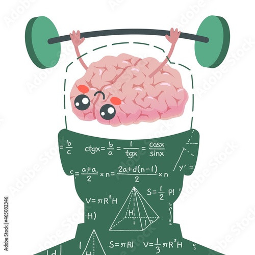 Brain pumping. Mind organ mascot lifting dumbbell. Human head silhouette and chalkboard with math formulas. Studying mathematics and geometry develops mental abilities. Vector concept