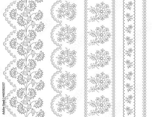 Seamless floral borders. Black and white. Embroidery patterns.
