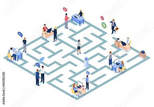 Bureaucratic maze. Labyrinth with working government officials. Bureaucracy paperwork riddle. Administrative barriers and problems. People searching way out of deadlocks. Vector concept photo