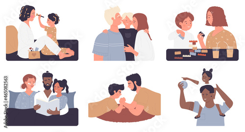 Parents and children, fun time parenthood isolated vector illustration set. Cartoon happy family hugging, mother and father character playing with son or daughter, dad reading bedtime story to child