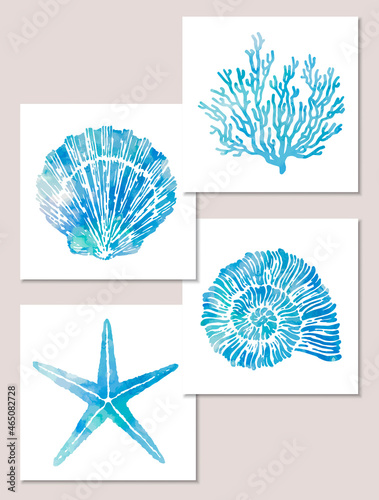 Set of sea elements in blue watercolor style  seashells  starfish  seahorse  coral. Composition of llustrations on wall in white frames