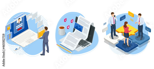 Isometric man analyzes the database of employees or personnel. Protection of personal data. Data processing. HR manager. Artificial intelligence working for big data analysis