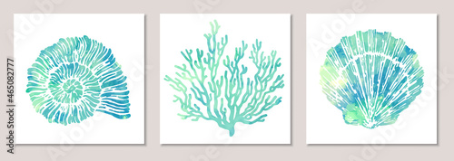 Set of sea elements in blue watercolor style: seashells, starfish, seahorse, coral. Composition of llustrations on wall in white frames