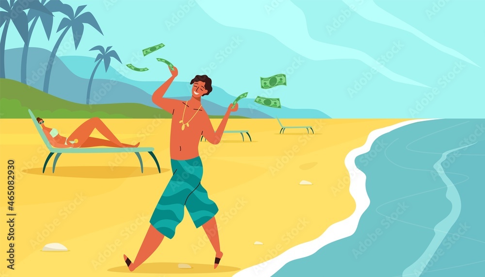 Rich rest. Wealthy people relaxing on beach. Summer vacation by sea. Cartoon man throwing dollar banknotes. People in swimsuits sunbathing lying on lounge chairs. Vector luxury resort