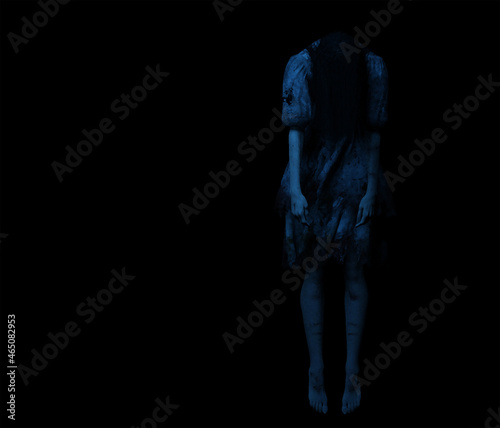 Fototapeta Naklejka Na Ścianę i Meble -  Illustration of a creepy ghostly young woman floating with her hair hanging down covering her face