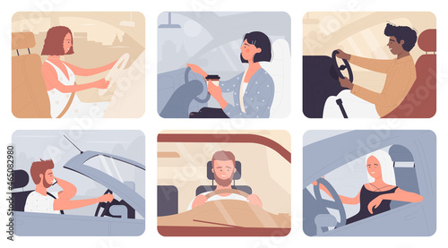 People driving car set vector illustration. Cartoon young man woman characters wearing seat belt, sitting inside car, drinking coffee and smiling, front or side view. Driving school or course concept