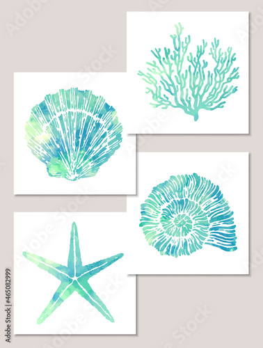 Set of sea elements in blue watercolor style: seashells, starfish, seahorse, coral. Composition of llustrations on wall in white frames