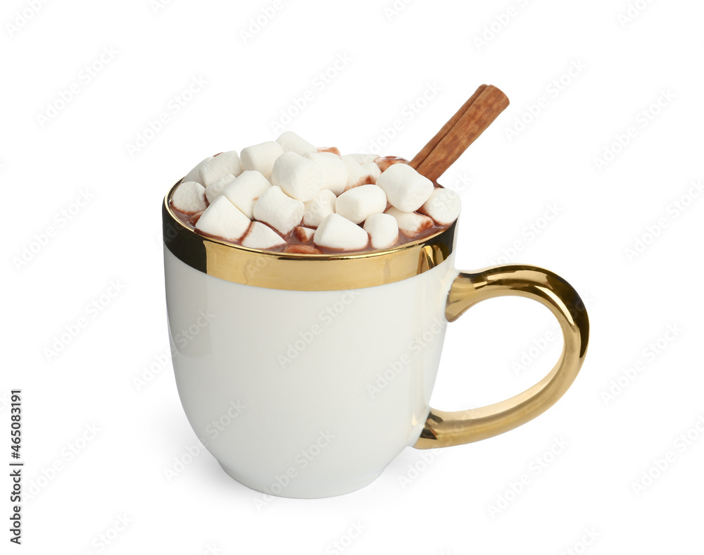 Cup of delicious hot chocolate with marshmallows and cinnamon stick isolated on white Cup of delicious hot chocolate with marshmallows and cinnamon stick isolated on white