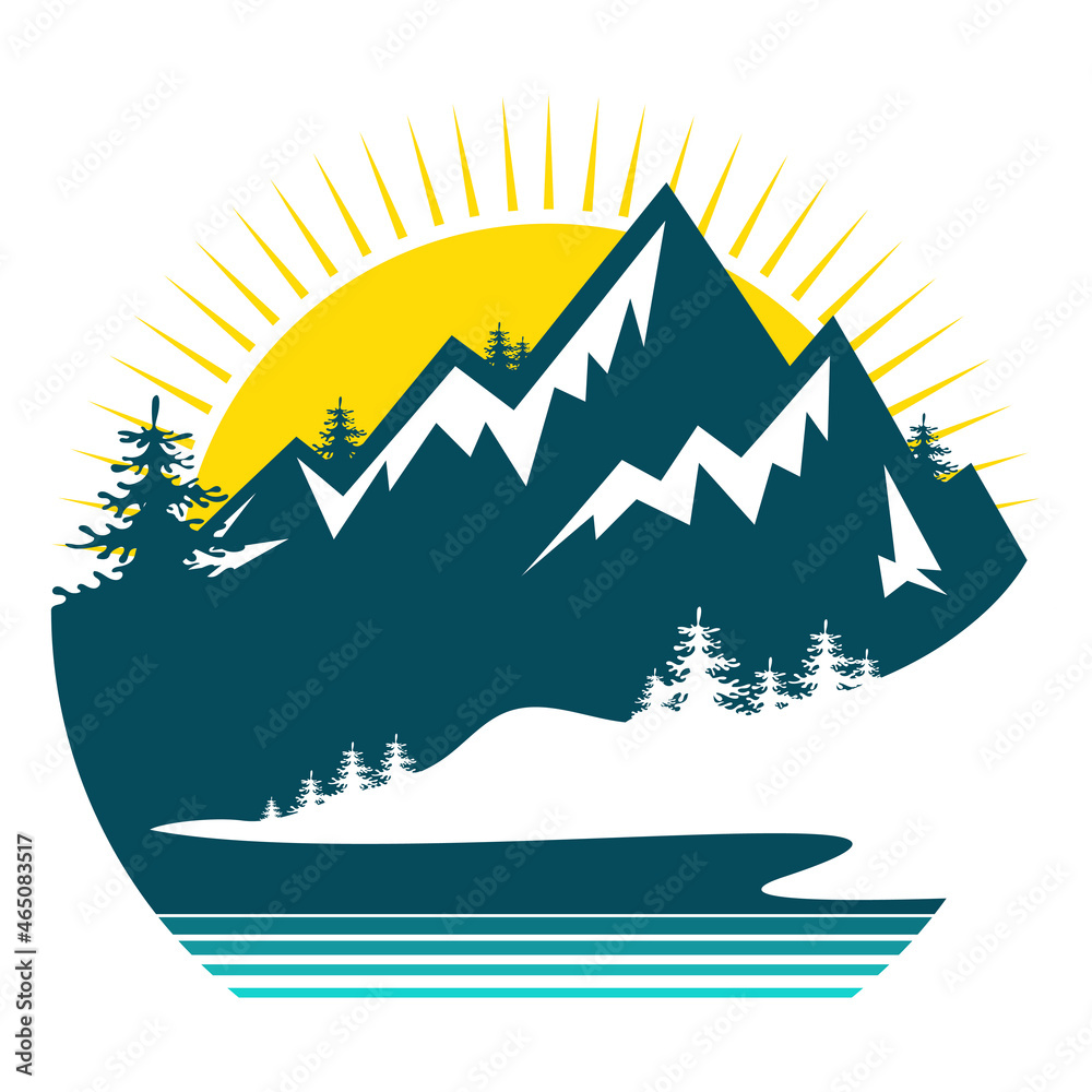 The sun rises from behind the mountains. Travel and tourism symbol