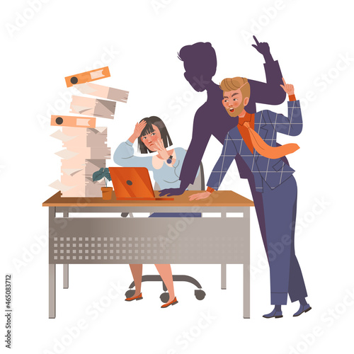 Angry boss yelling at overloaded employee. Evil chief and stressed staff vector illustration