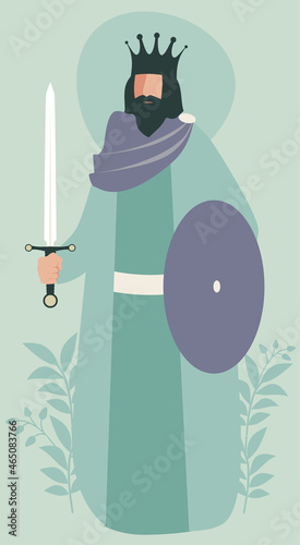 King or emperor with crown and beard holding shield and sword