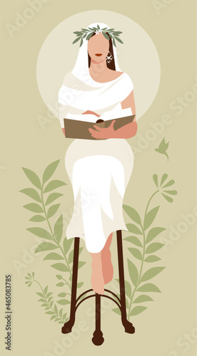 High Priestess with a laurel wreath and aura around her head, reading a book sitting on a tripod, like a Greek pythia