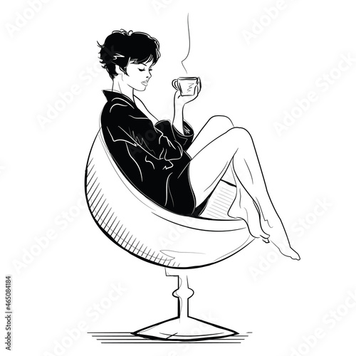 The fashion girl in sketch style relaxes with a cup of coffee. Vector illustration
