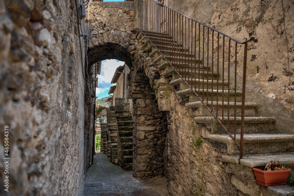 Fototapeta premium Castelvecchio Calvisio medieval town, narrow streets, steps, archs and medieval buidings