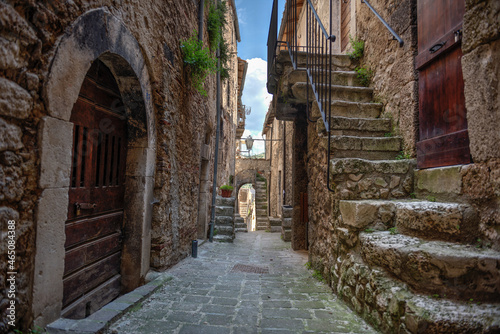 Castelvecchio Calvisio medieval town, narrow streets, steps, archs and medieval buidings