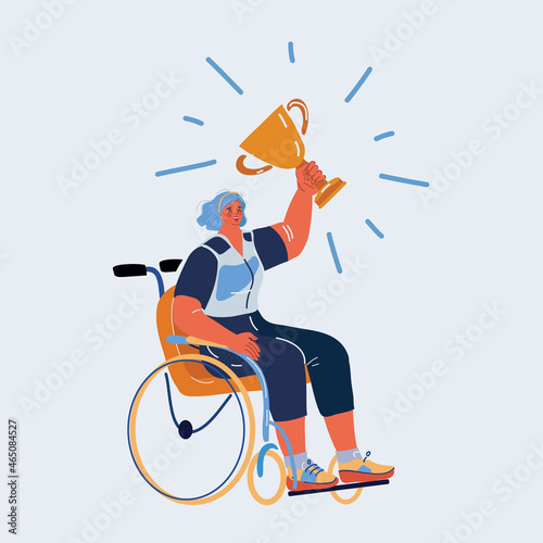 Vector illustration of Happy woman in wheelchair holding gold trophy cup, celebrating victory, sport success. Paralympic achievement concept.