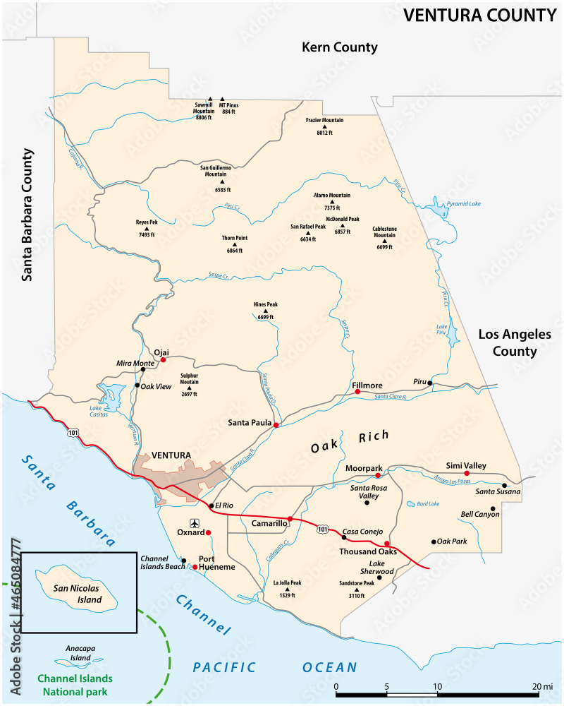 vector road map of California Ventura County, United States